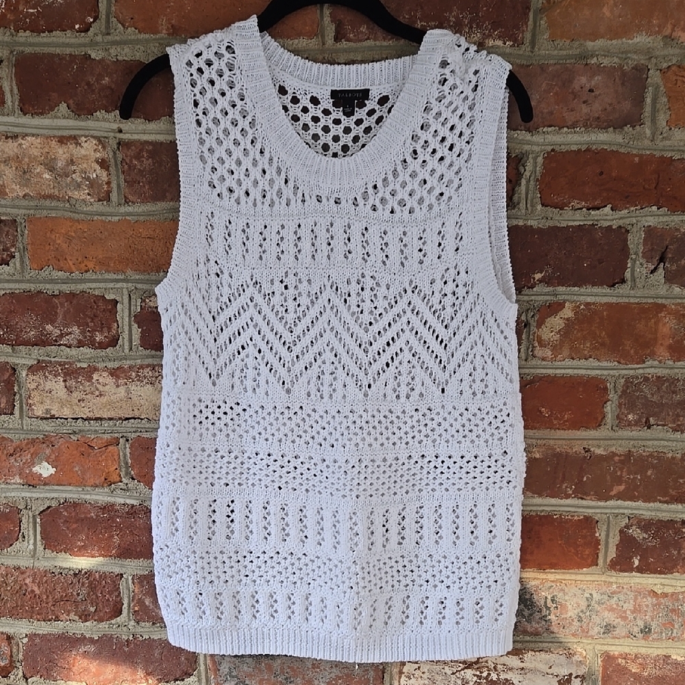 Talbots White Crew Neck Sweater with Openwork Knit Pattern